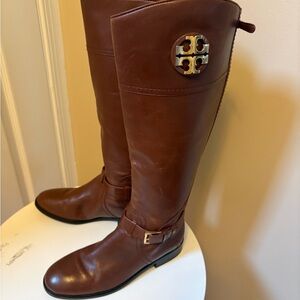 Tory Burch Brown Leather Knee-High Boots with Gold Logo